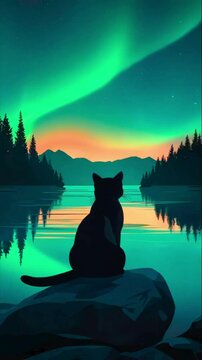 cat watching northern lights over tranquil lake at twilight