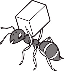 Isometric-style ant holding sugar cube in bold flat shapes with clean layout on white base