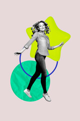 Composite trendy vertical art photo collage of excited businesswoman receive career promotion best star achievement goal progress