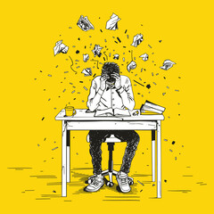 Frustrated Student at Desk with Flying Papers Illustration
