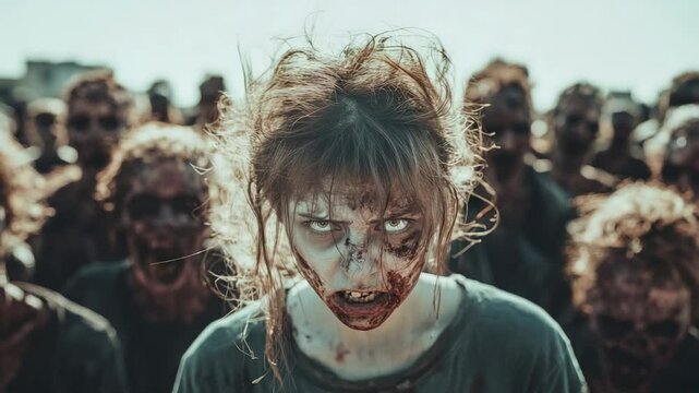Aggressive undead girl with bloody face leads a horde of zombies in a post apocalyptic setting, creating a terrifying scene of horror and decay