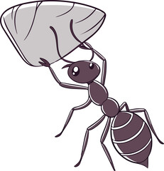 Strong ant holding a rock in flat clean form with bold look on clear white for concept art