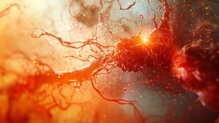 Vibrant neural pathways illuminated with vivid orange and red hues. An exploration of the complexity within the human brain. A visual representation of connectivity. Generative AI