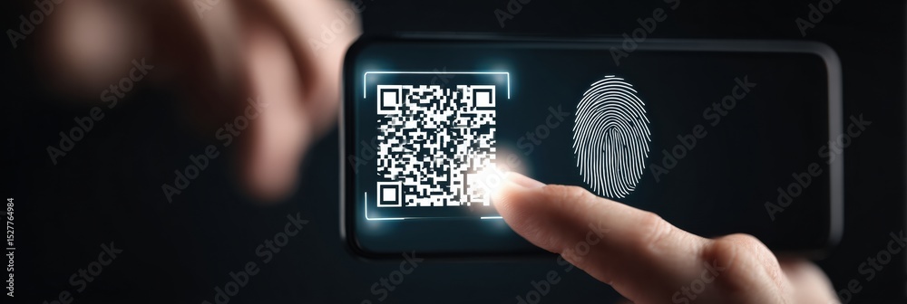 Poster Fraudulent QR Code Detection Alert With Fingerprint Verification on Mobile Screen at Night