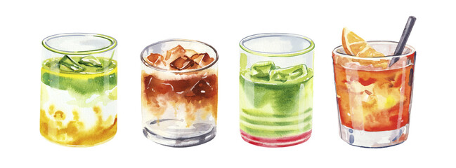 Hand painted watercolor set with cold matcha, cider and coffee drinks for cafe menu. Hand drawn watercolor drink glass cup isolated on white background