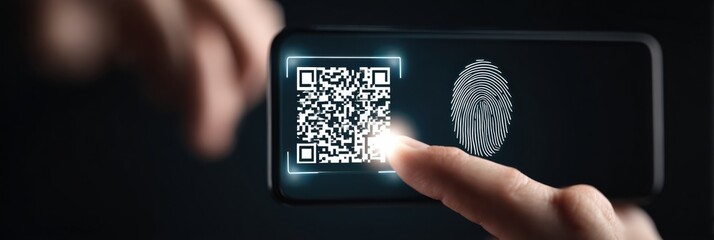 Fraudulent QR Code Detection Alert With Fingerprint Verification on Mobile Screen at Night