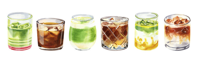 Hand painted watercolor set with cold matcha and coffee drinks for cafe menu. Hand drawn watercolor drink glass cup isolated on white background