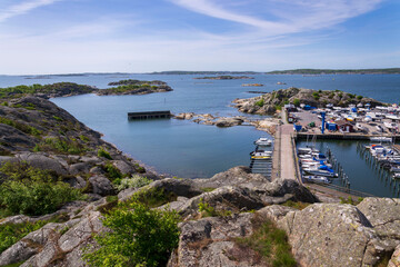 Ships harbour at Saltholmen peninsula on the shore of Alvsborgsfjorden, harbour for archipelago ships, Alvsborg district, Gothenburg, Sweden, sunny day