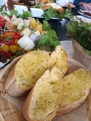 fresh baked, Garlic bread, vegetable salad, delicious food