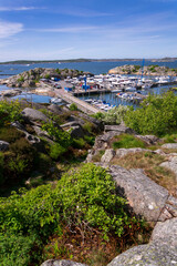 Ships harbour at Saltholmen peninsula on the shore of Alvsborgsfjorden, harbour for archipelago ships, Alvsborg district, Gothenburg, Sweden, sunny day