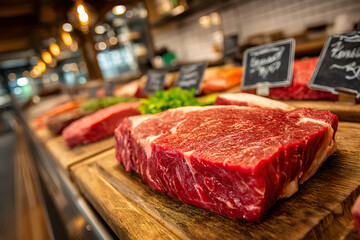 Fresh red meat cuts displayed on wooden boards in butcher shop