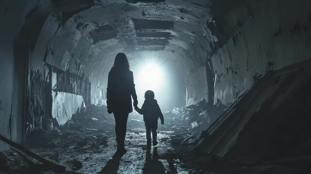 Dark concrete tunnel casting long shadows. Woman and child walking together. Silhouetted figures seeking hope through destruction's desolate pathway. Searching for light amid apocalyptic devastation