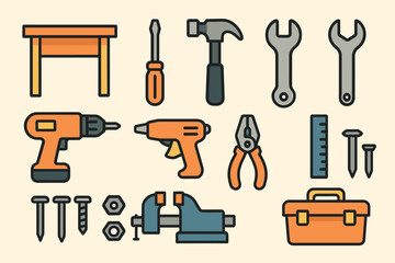 Illustrated collection of hand and power tools on beige background