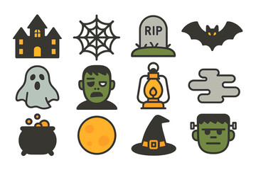Halloween icons: haunted house, ghost, bat, spider web, frankenstein, witch hat