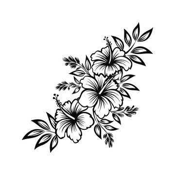 Elegant black and white hibiscus floral arrangement featuring detailed flower and leaf designs