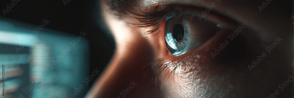 Aufkleber Blurred Computer Screen Displaying Eye Strain Message in Dark Surroundings With Clear Zone on the Left for Focus During Late Night Work