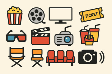 Cinema icons: popcorn, projector, tickets, seats, 3d glasses, camera