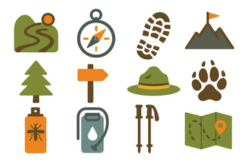 Colorful hiking and camping icons featuring compass, boot, and mountain