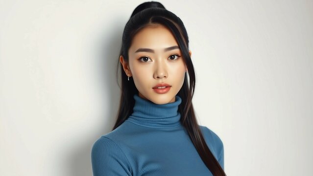 Ein glatt poliertes Studio-Portr&auml;t einer stilvollen asiatischen Frau mit langen, dunklen Haaren, die einen blauen Rollkragenpullover tr&auml;gt. Sie blickt direkt in die Kamera mit einem ruhigen Ausdruck.
