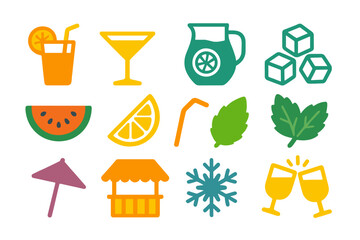 Colorful summer cocktail icons with refreshing symbols on yellow background