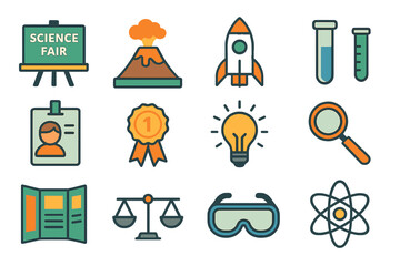 Science fair icons set featuring rocket, volcano, test tubes, and more