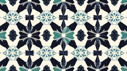 Fototapeta premium A dynamic seamless pattern features repetitive floral and geometric motifs in contrasting shades of blue and teal on a light cream background.