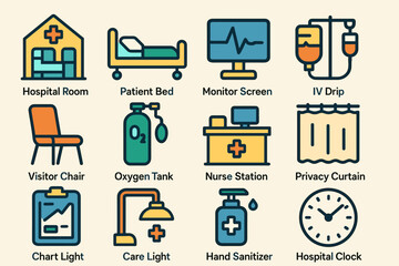 Medical equipment icons including patient bed, iv drip, and nurse station