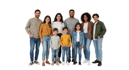 A diverse family of seven posing together wearing casual clothing against a black background smiling happily on transparent background