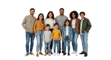 A diverse family of seven posing together wearing casual clothing against a black background smiling happily on transparent background