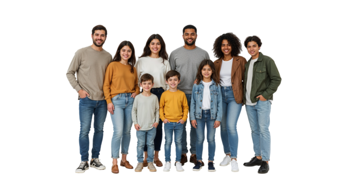 A diverse family of seven posing together wearing casual clothing against a black background smiling happily on transparent background