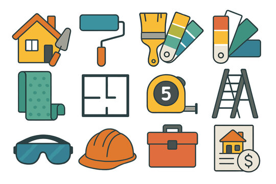 Colorful construction and renovation icons: tools and equipment for home improvement projects