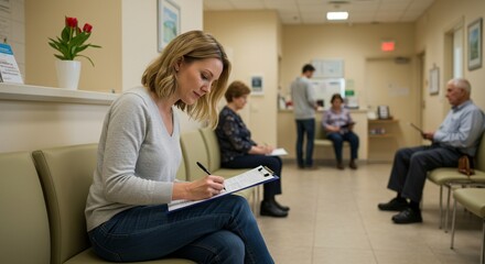 A woman filling out medical forms in a clinic waiting room, modern interior, soft colors, calm and serene mood