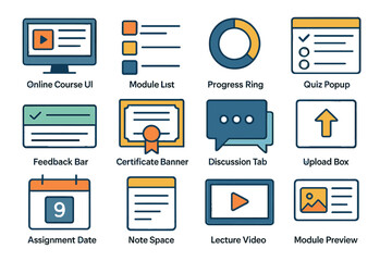 Online education interface with modules, quiz, and interactive features