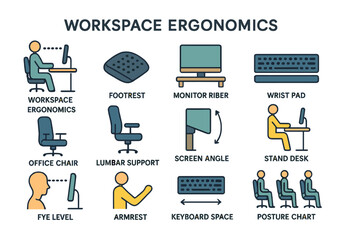 Workspace ergonomics guide: monitor height, chair support, desk setup, screen angle, posture tips
