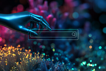  holographic search bar against an abstract background of glowing  particles 