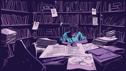 Overwhelmed Student Studying in Library with Books and Papers Flying &ndash; Vector Illustration