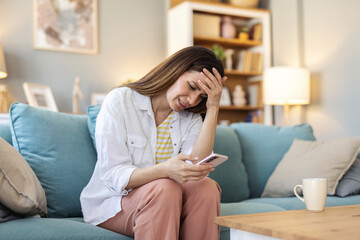 House, stress and woman with cellphone, headache and mistake with communication. Person, apartment...