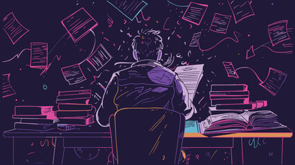 Overwhelmed Student Studying in Library with Books and Papers Flying &ndash; Vector Illustration