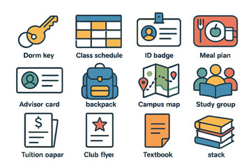 Student essentials icons: backpack, campus map, study group, textbook, meal plan