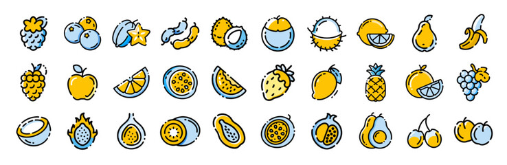 Fruits healthy food apple orange banana berries tropical vector line icons