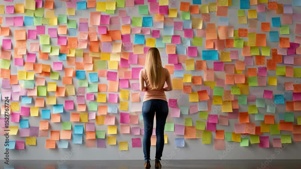 Poster project manager analyzing vibrant sticky notes on a wall, searching for innovative ideas and strateg