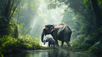 Fototapeta premium Majestic elephants in a lush, misty jungle, near a tranquil stream