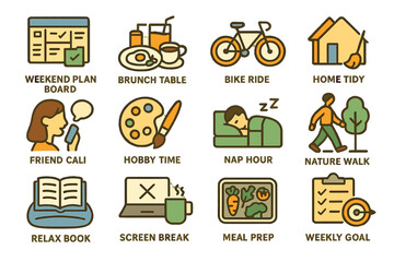 Weekend activities icons: brunch, cycling, art, relaxation, and more