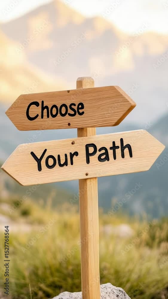 Poster wooden signpost with choose your path inscription invites viewers to reflect on decision making, car