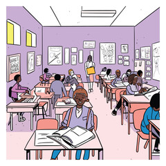 Empty Colorful Classroom Interior with Desks and Supplies Illustration