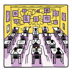 Empty Colorful Classroom Interior with Desks and Supplies Illustration