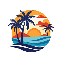 Tropical island scene with palm trees sunset and ocean waves in a circular design