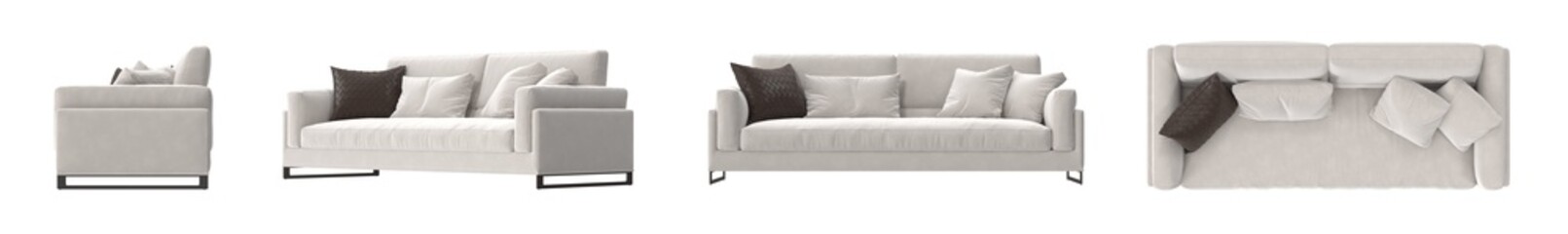 white sofa with pillows on it isolated in multiple view.
