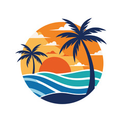 Tropical sunset scene with palm trees ocean waves and clouds in circular illustration