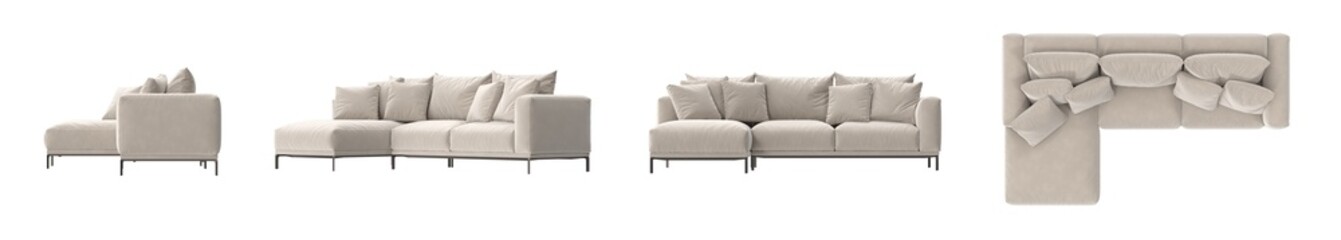 beige L shape sofa with a pillow on it isolated in multiple view.